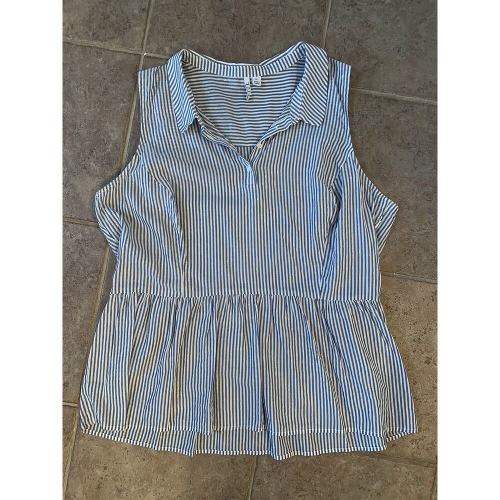 Elle XL Sheer Blue White Stripe Collar Pullover Tank Top Gold Thread Zip Side